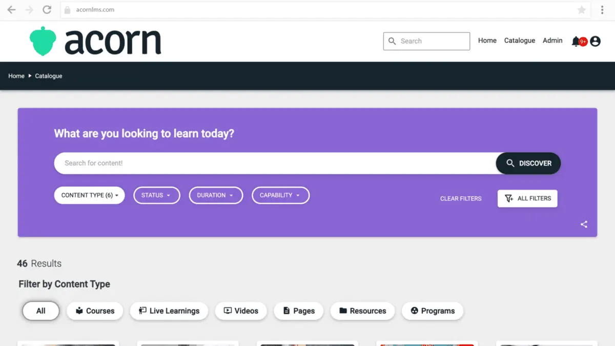 Acorn LMS features course creation and personalization.