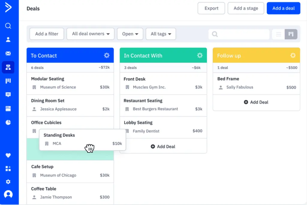 ActiveCampaign for Sales helps businesses surpass sales goals by tracking leads and deals.
