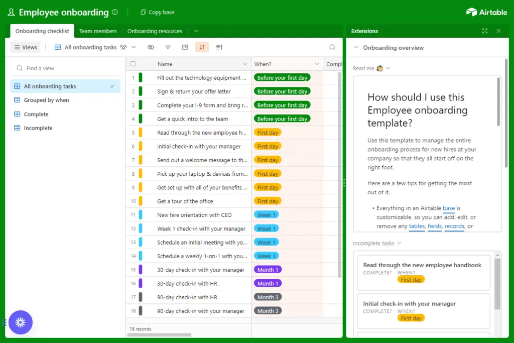 Airtable makes it easy to organize checklists through filters based on tags and completion status.
