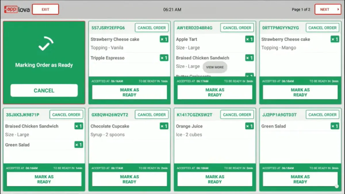 Applova Kitchen App UI - Ready Order