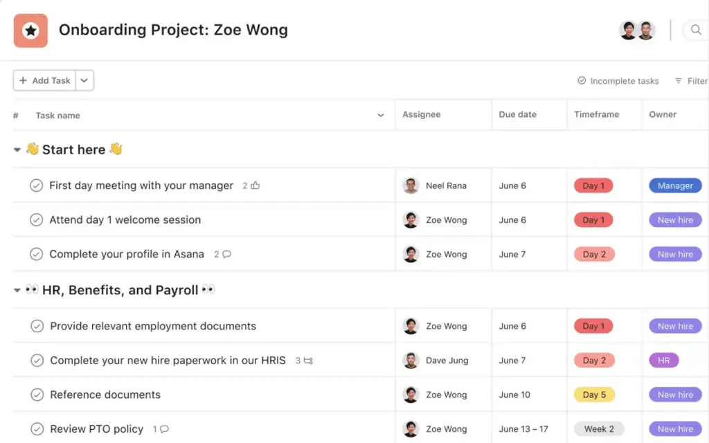 Asana allows users to add details such as assignees and due dates to onboarding tasks.