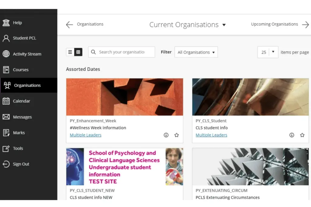 Blackboard Learn Organization dashboard is a key resource hub tailored to a student's specific area of study and department.