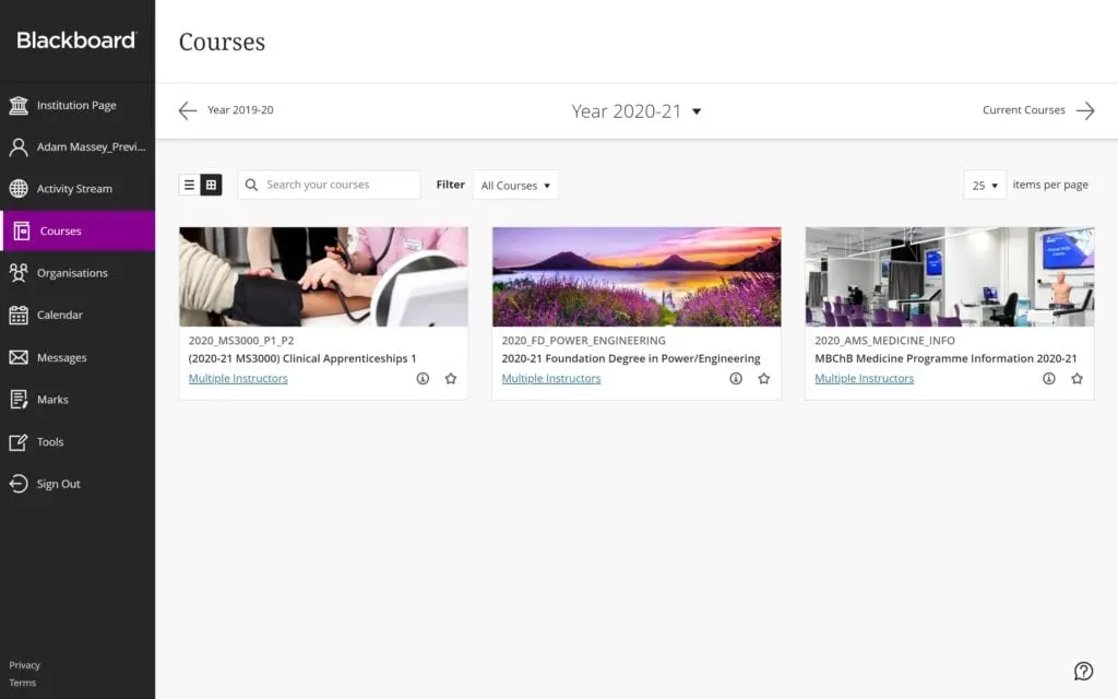 Blackboard Learn provides an overview of all courses for easier management.
