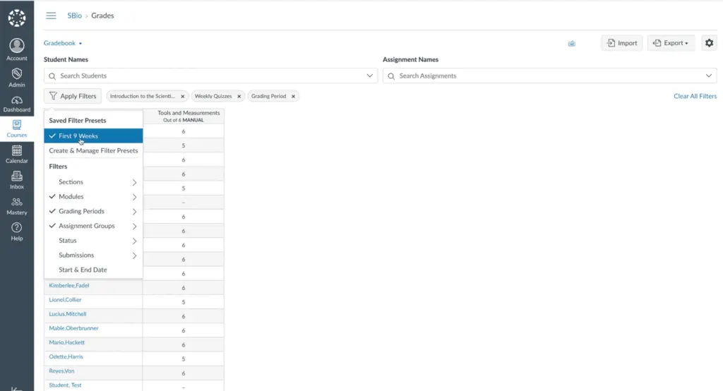 Canvas LMS Dashboard Gradebook lets instructors quickly record, organize, and keep track of learner's grades