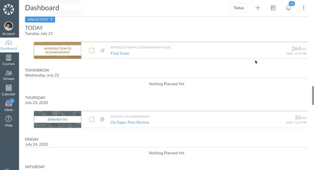 Canvas LMS lets students view upcoming activities, including exams.