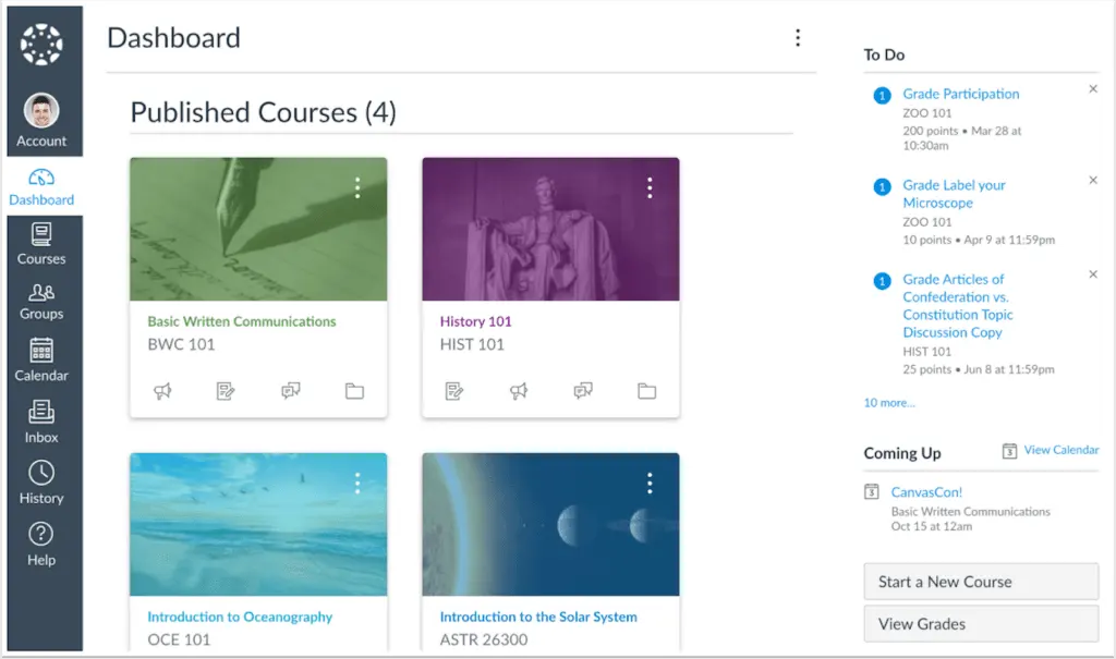 Canvas LMS Dashboard with sample published courses
