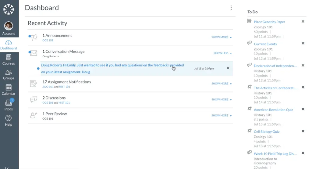 Canvas LMS Dashboard serves as a centralized hub for all online learning tools