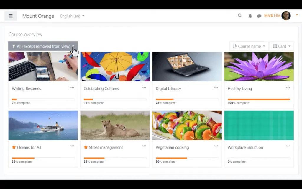 The Moodle dashboard with sample published courses