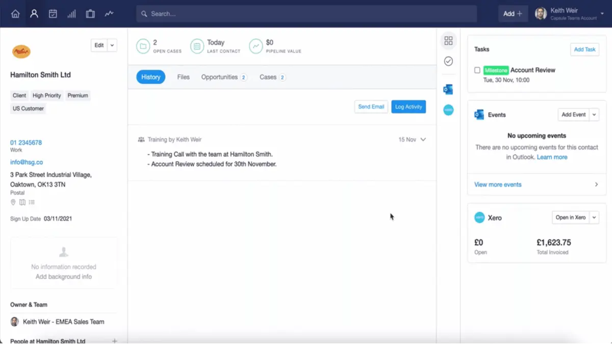 Capsule CRM can integrate with third-party business tools such as Xero and Microsoft Outlook.