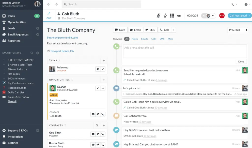 Close allows you to view company profiles together with activities associated with contacts.