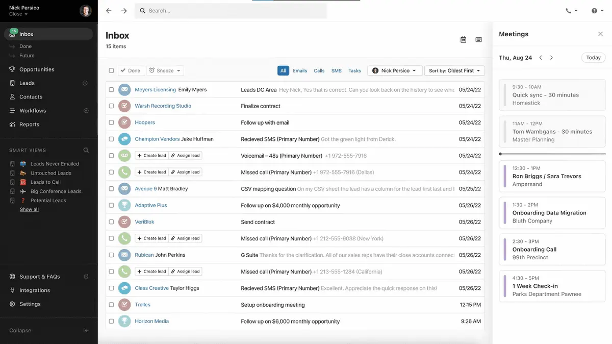 Close's inbox offers a comprehensive view of high-priority tasks, emails, SMS, calls, voice mails, and reminders.