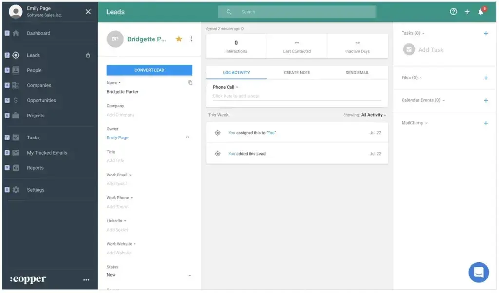 Copper enables users to customize form fields for lead generation and contact management activities.
