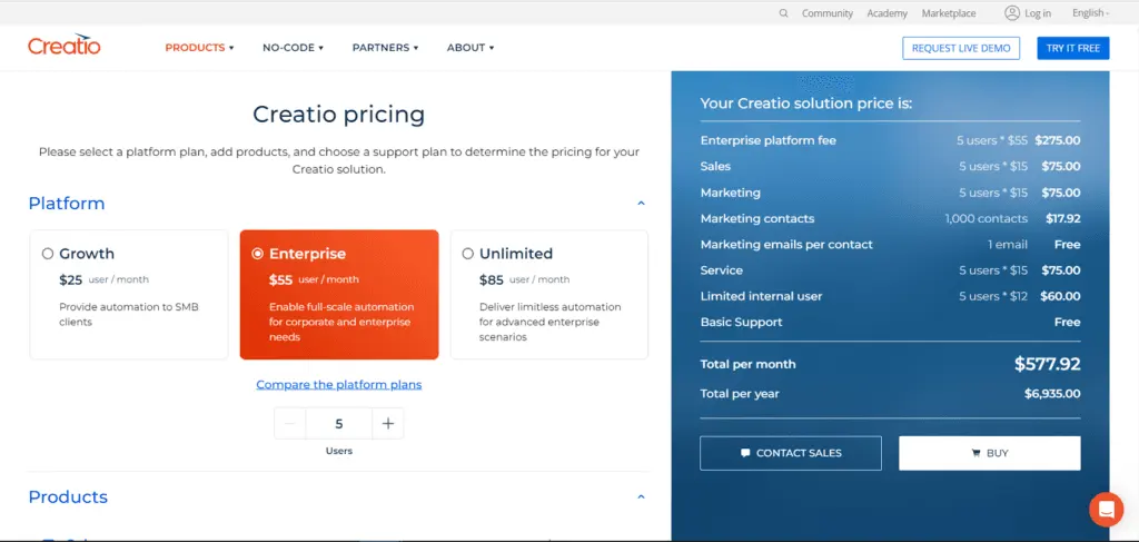 Creatio pricing is based on plan level, included products, and chosen support plans.