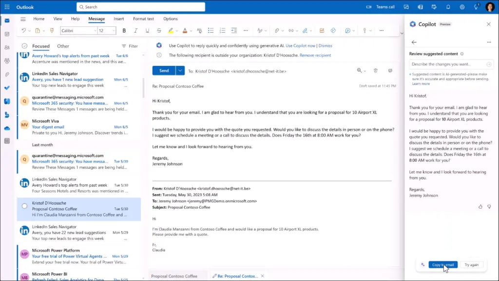 Dynamics 365 Sales, with the help of Microsoft Sales Copilot, can automatically generate email replies to leads and customers.