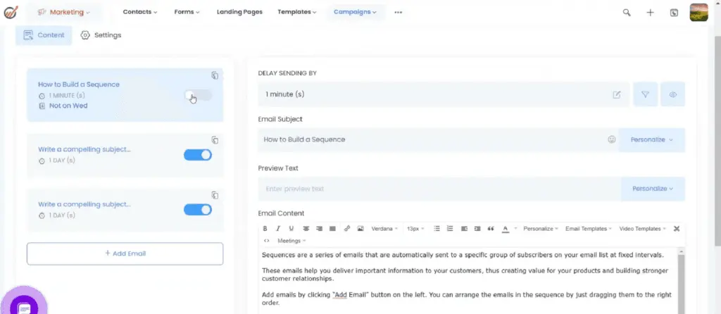 EngageBay's email sequencing system ensures all your clients get personalized messages at the right time.