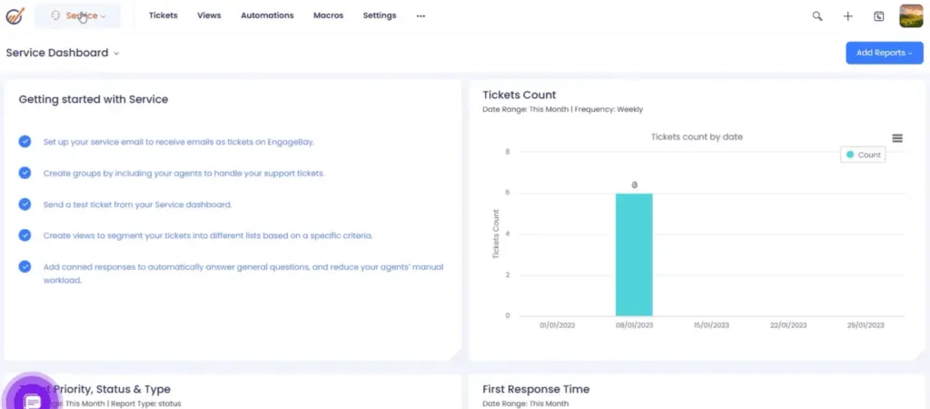 The ticketing features of EngageBay help users configure priority settings and statuses to ensure each concern is addressed promptly.
