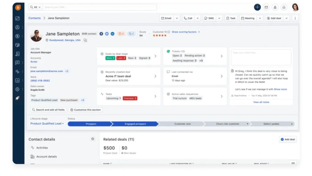 Freshsales also provides a detailed view of each contact, including related deals.