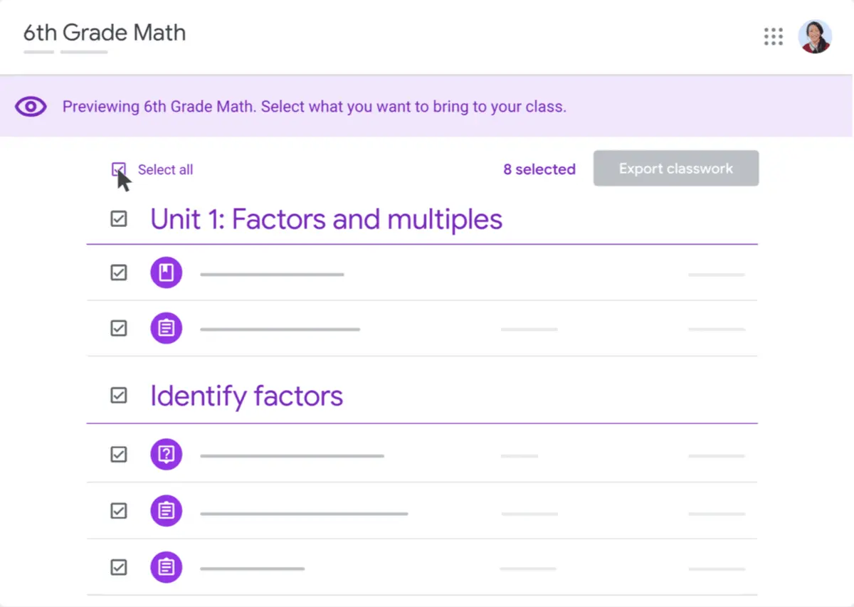 Google Classroom facilitates sharing links with peers for effortless preview, selection, and import of classwork.