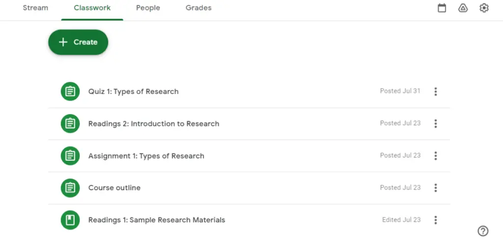 Google Classroom Coursework view allows educators to manage and monitor assignments, quizzes, readings, and other course materials.