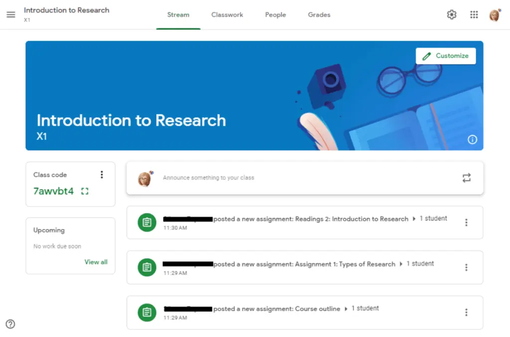 Google Classroom Stream view gives users a quick look at their course activities.