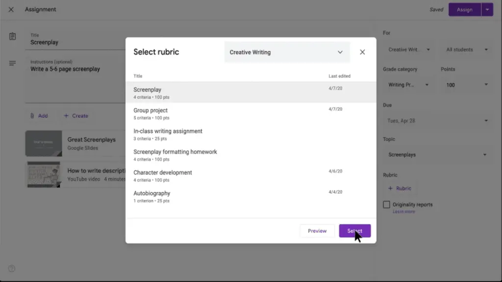 Google Classroom allows you to create or reuse rubrics for easier grading