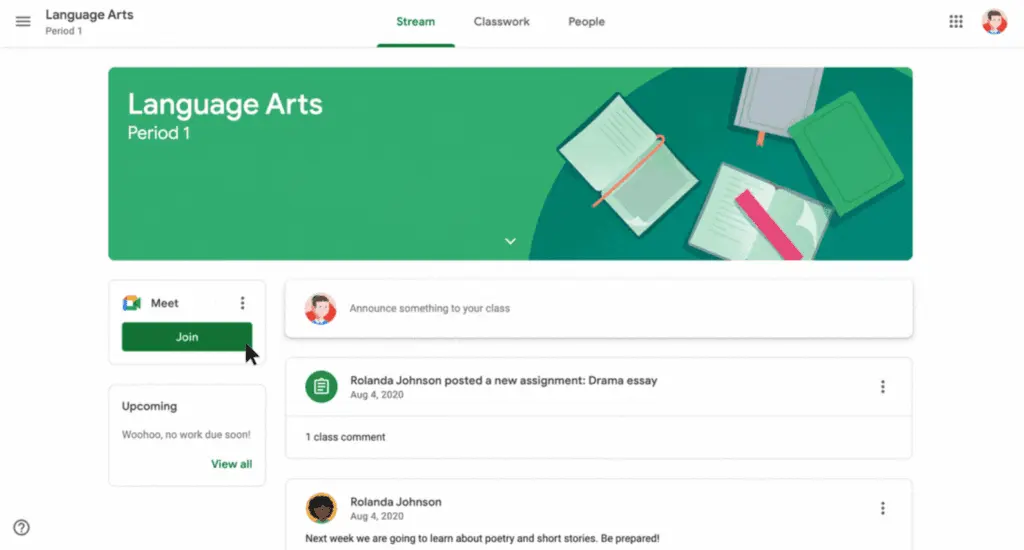 Google Classroom’s interface features a subject banner and an interactive wall.