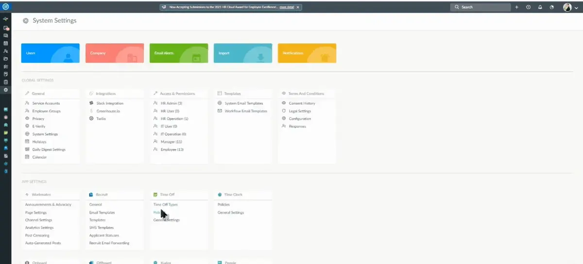 HR Cloud System Settings UI