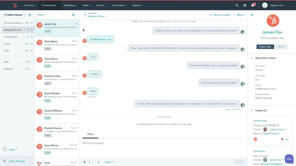 HubSpot's inbox and messaging tools log interactions with each client.