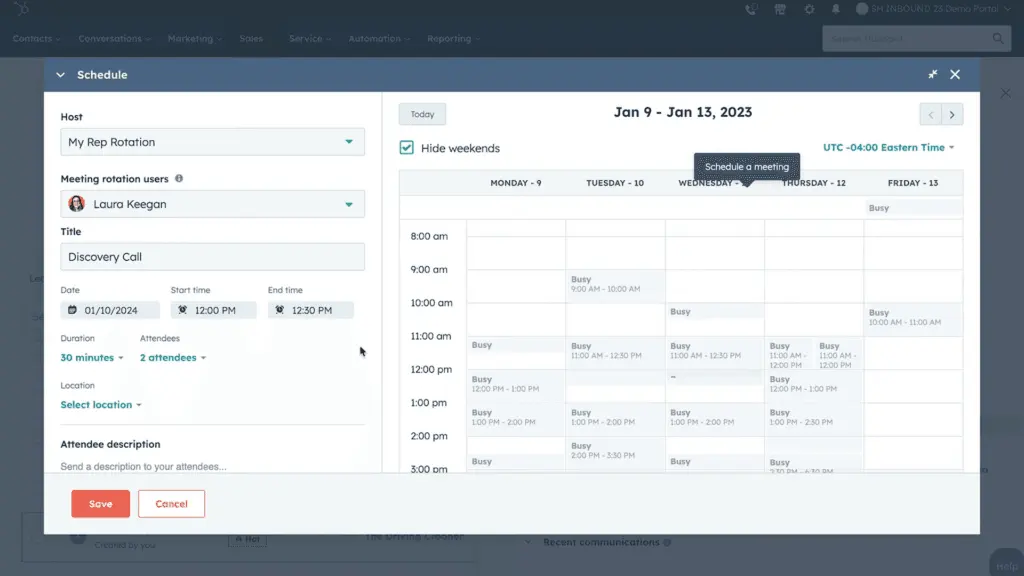 HubSpot CRM Sales Hub's calendar and scheduler simplify booking meetings with clients.