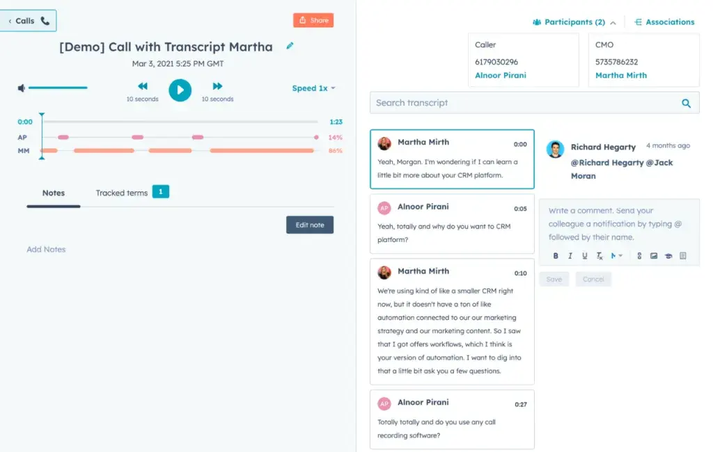 HubSpot Sales Hub can transcribe voice calls and track mentioned terms.