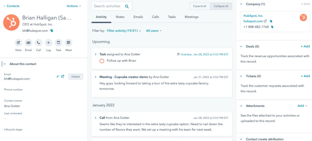 HubSpot Sales Hub provides a detailed context of past contact engagement activities.