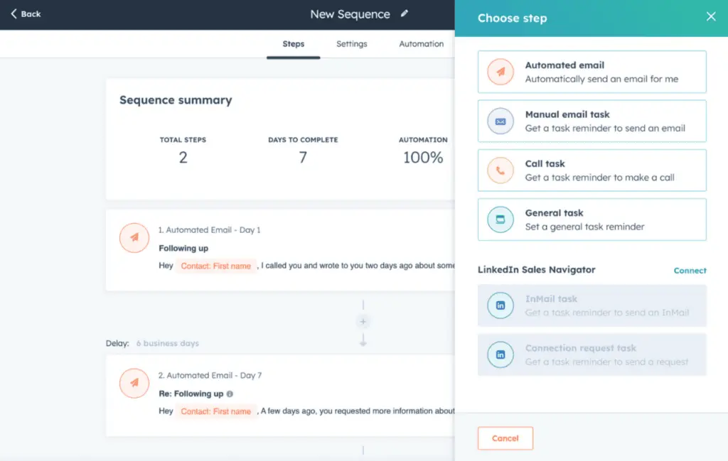 HubSpot Sales Hub allows you to create automated sequences and workflows.