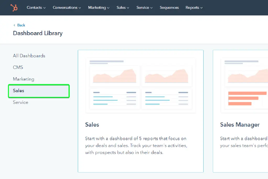 HubSpot Sales Hub provides interactive dashboards, charts, and graphs.
