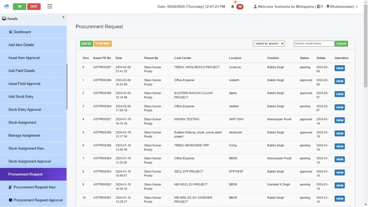 IYRO ERP procurement request page