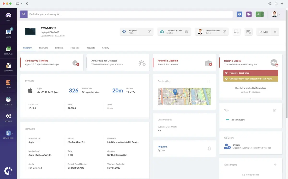 InvGate displays various information about managed digital assets, network security, and digital health.