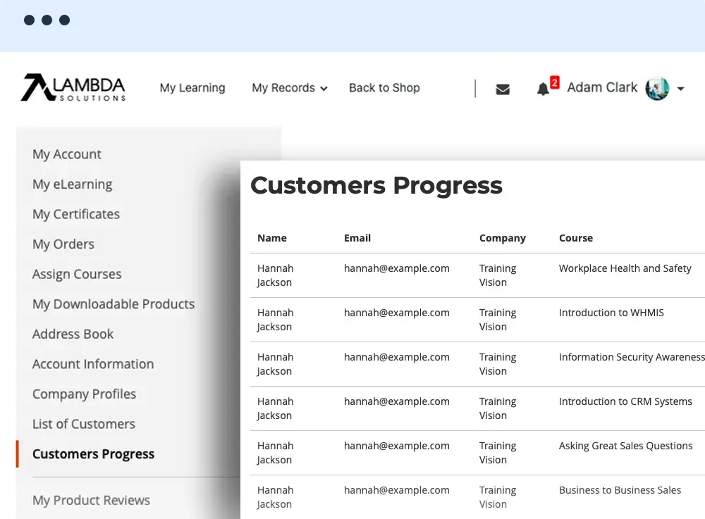 Lambda Solutions enables users to monitor the courses sold and the customers who bought courses.