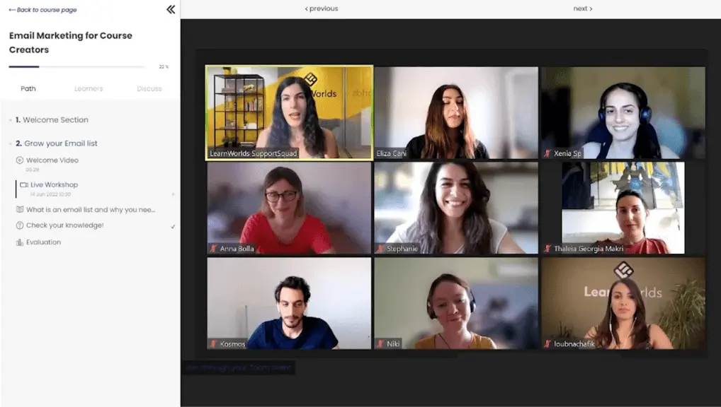 LearnWorlds also allows users to host workshops during online courses.