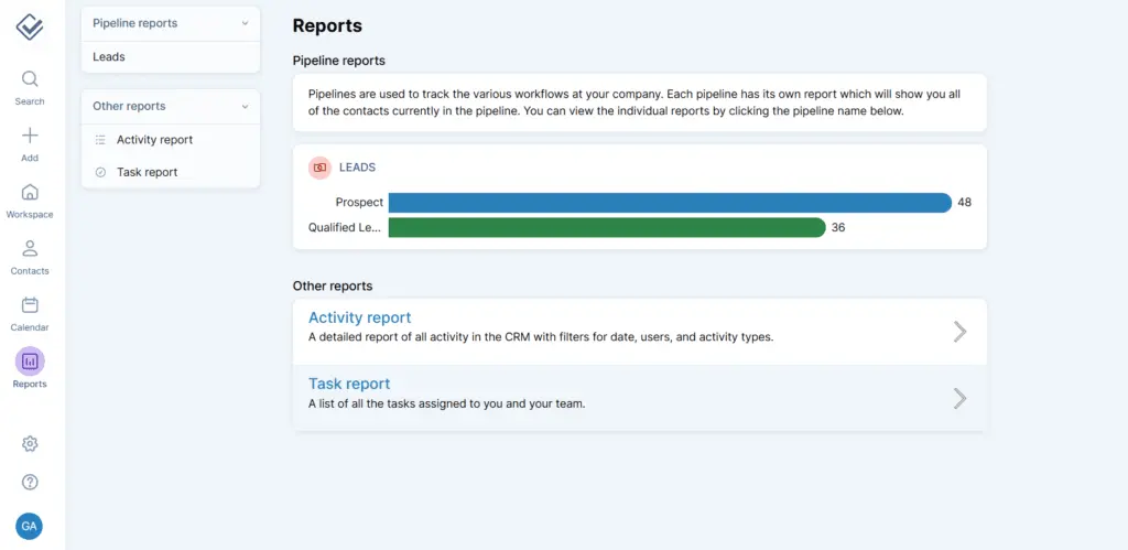 The simple reporting dashboard in Less Annoying CRM dashboard