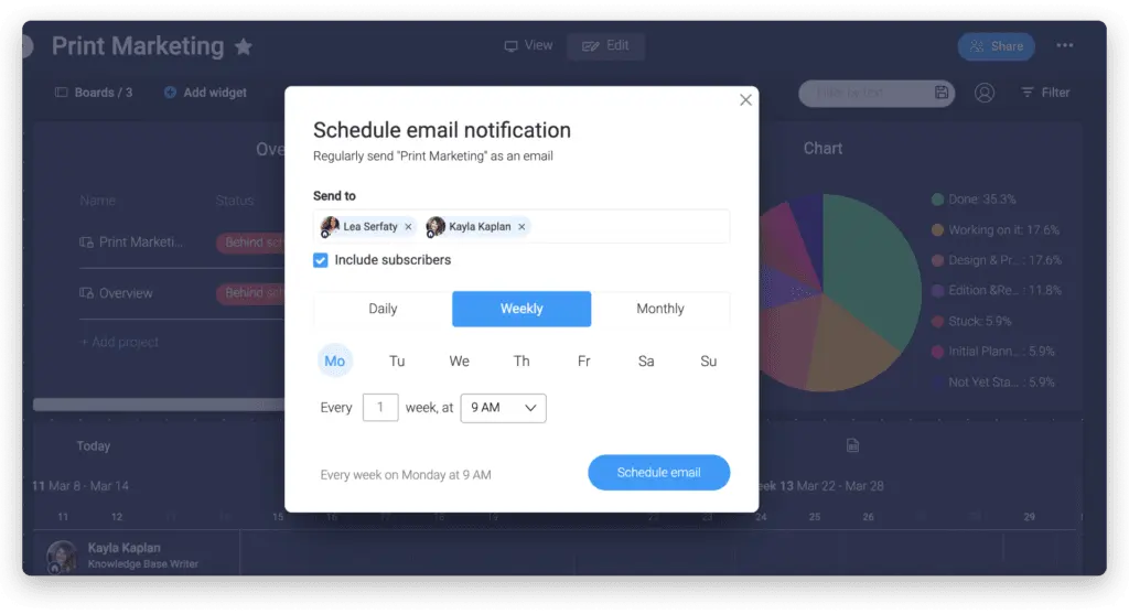 monday sales allows you to automate your email functions, including scheduling email notifications.
