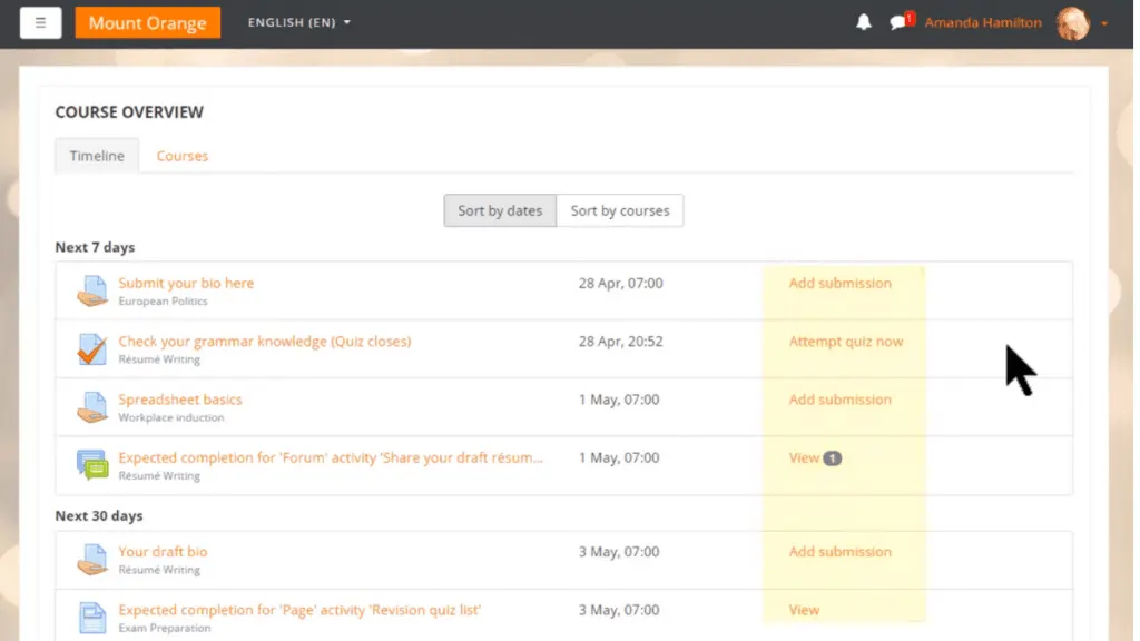 Moodle prominently displays a ‘Timeline of Activities' and direct links to upcoming tasks, enhancing student productivity and course management.