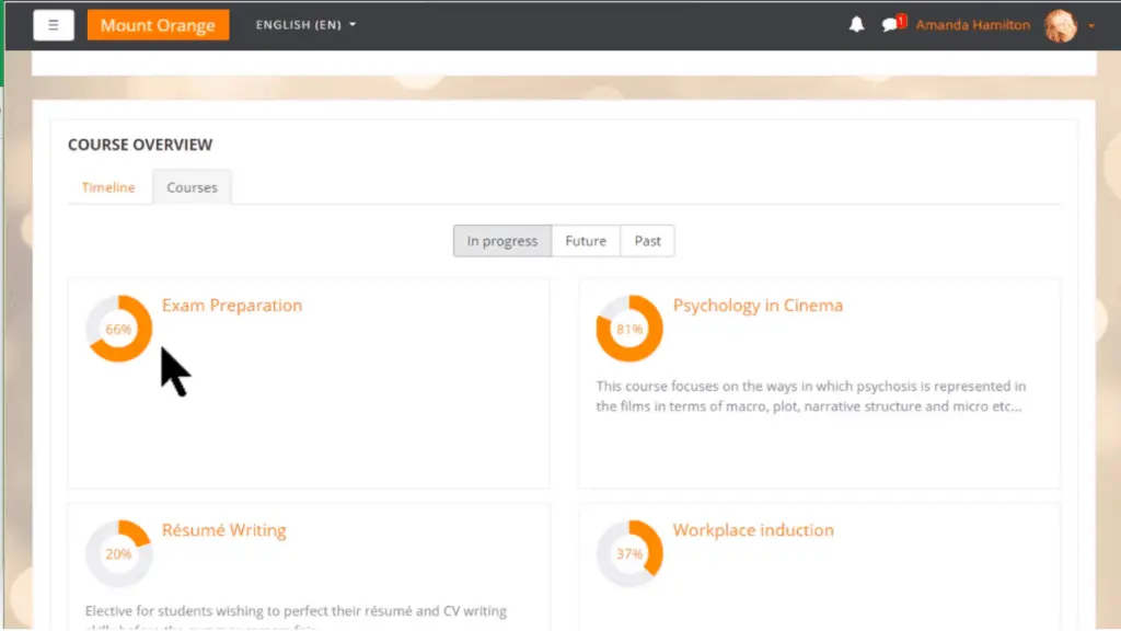 The ‘Courses' view showcases students' current, past, and future courses alongside a progress tracker for completed activities.