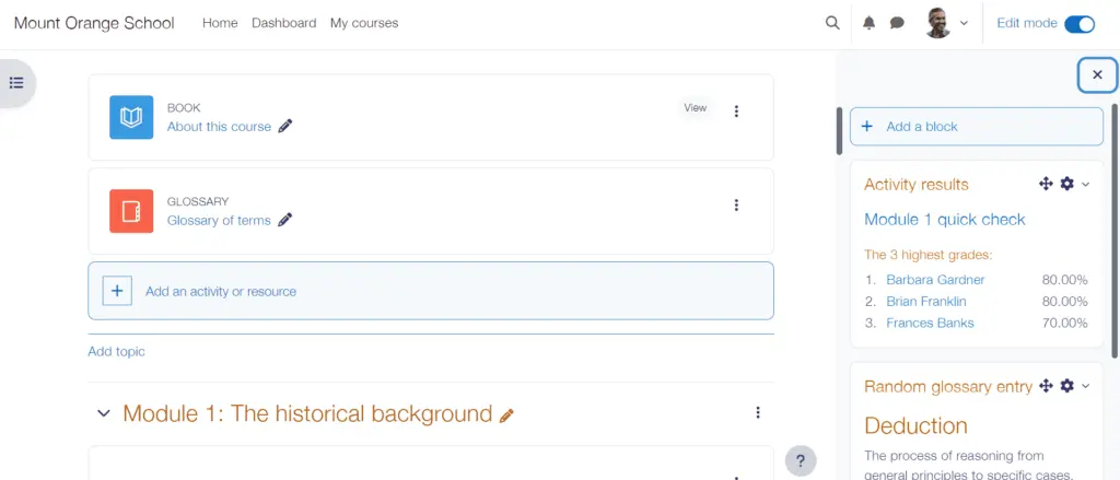 Teachers can change headers and other formatting with Moodle's built-in editing controls.