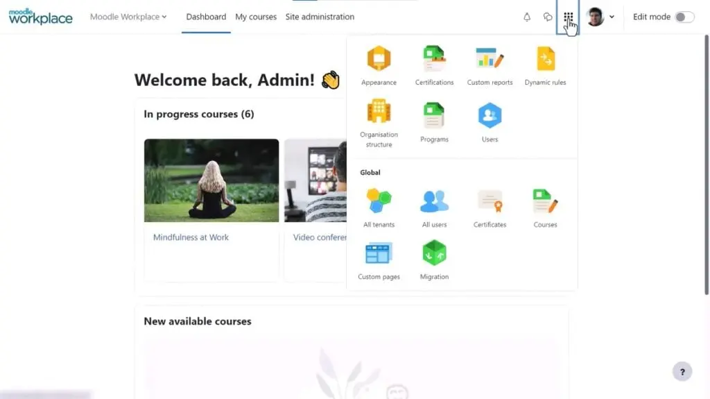 Moodle's customization options for its free and paid versions are easily accessible via its dashboard.