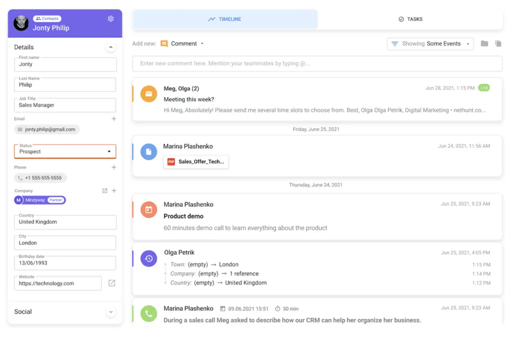 NetHunt CRM provides contact management tools to keep up-to-date records.