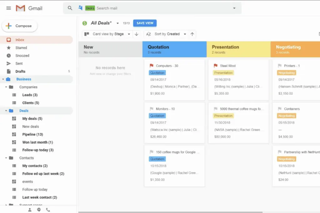 NetHunt CRM offers deal management tools to keep the team updated.