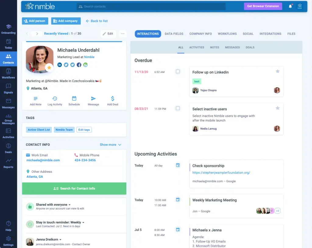Nimble has a simplified Contact Management feature that lets users access customer information and previous interactions.