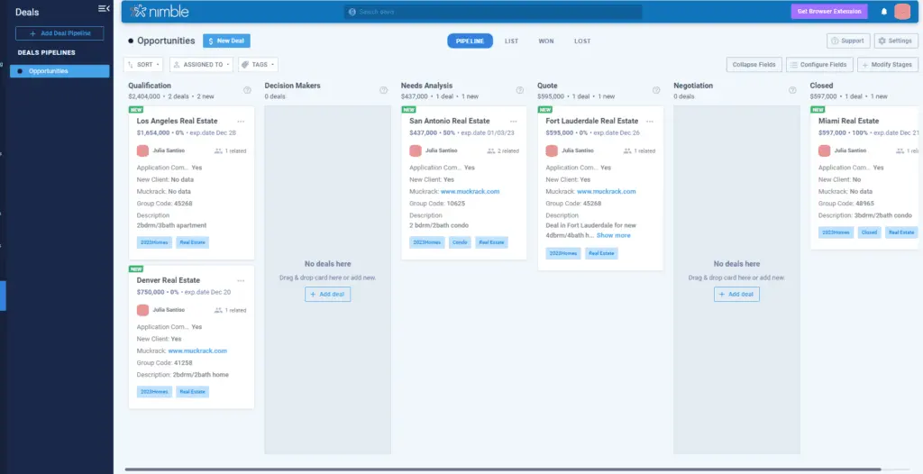 Nimble enables users to visualize sales pipelines to monitor each deal's progress.