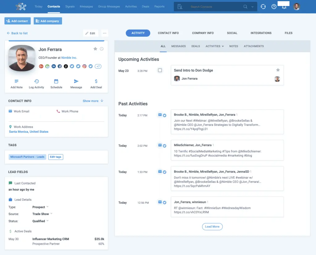 Nimble displays a multitude of information surrounding each contact, including personal information and latest activities.