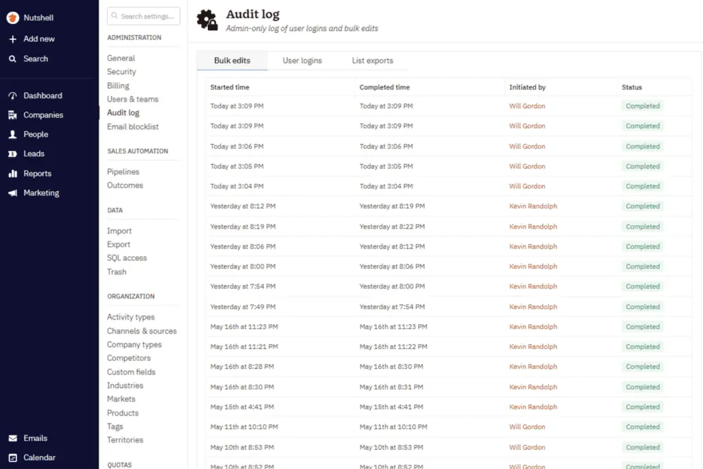 Nutshell creates an audit log of all activities and changes in the system for better transparency and visibility.