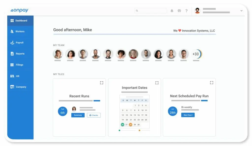 The OnPay user workspace